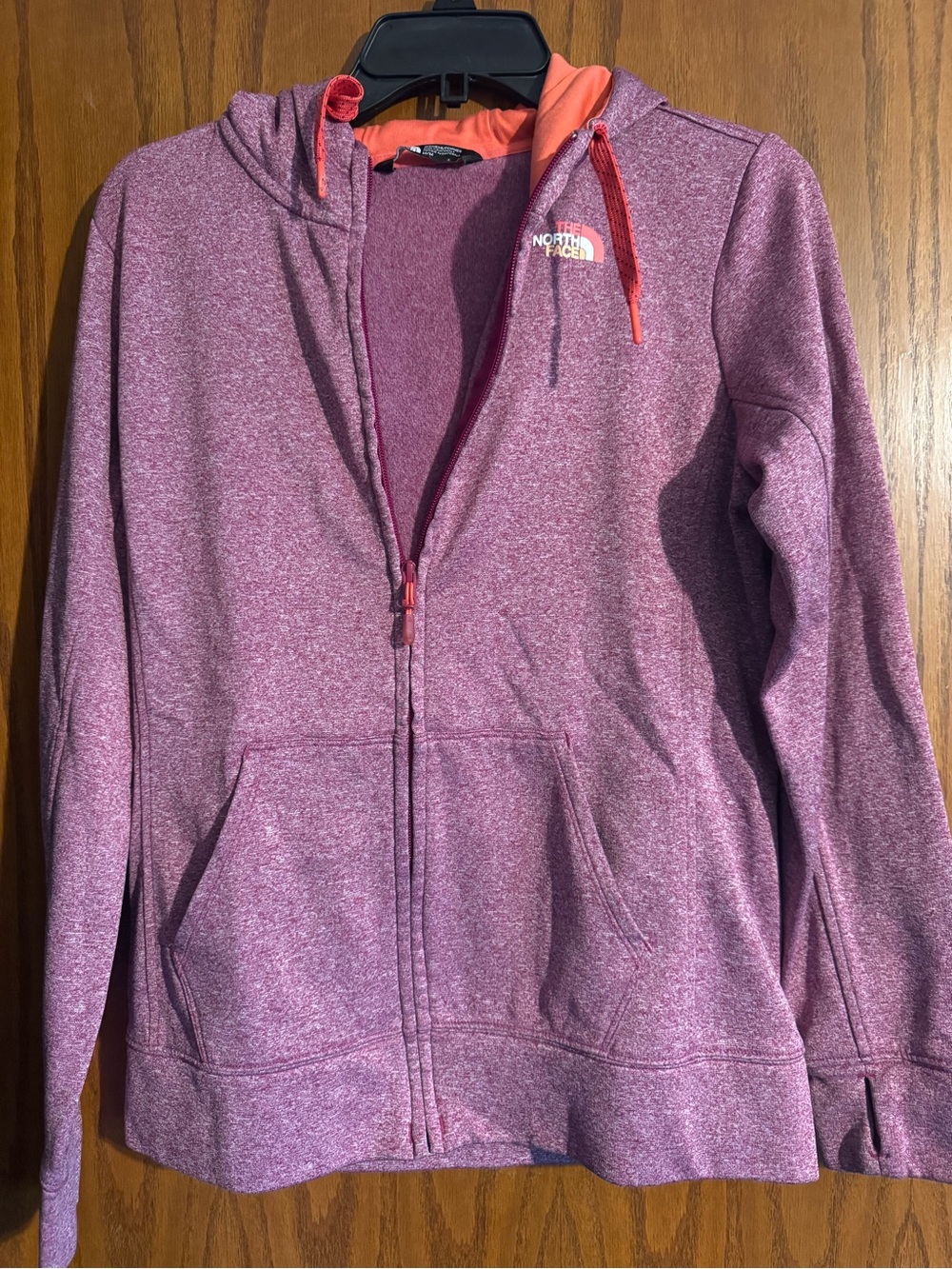 The North Face Girls' Heathered Purple Zip Hoodie with Coral Lining